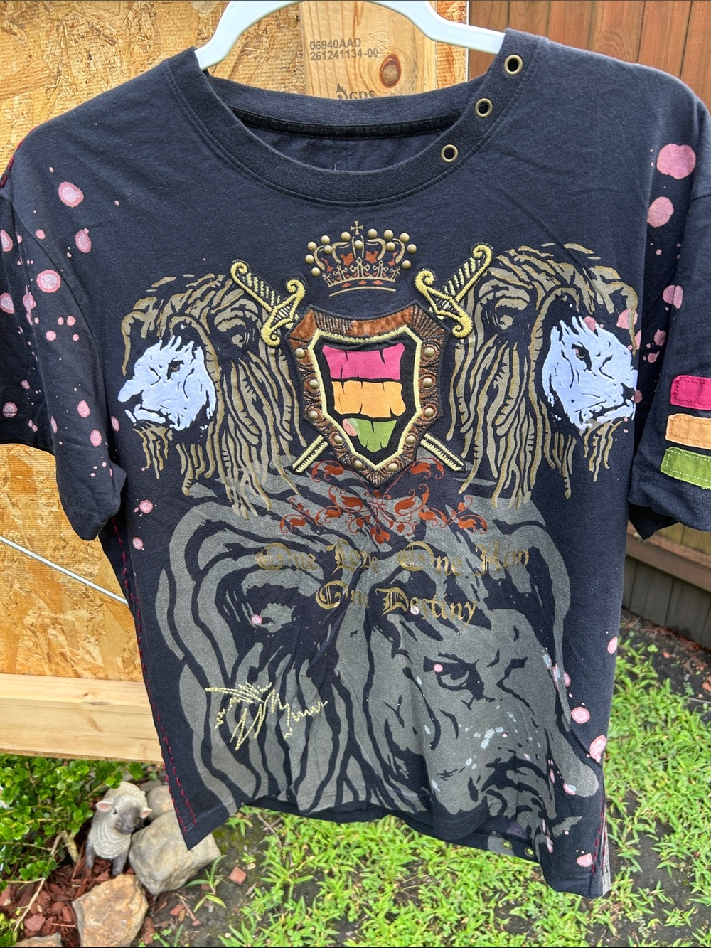 Rebel Spirit Black Lion Crest Graphic Tee with Pink & Gold Accents